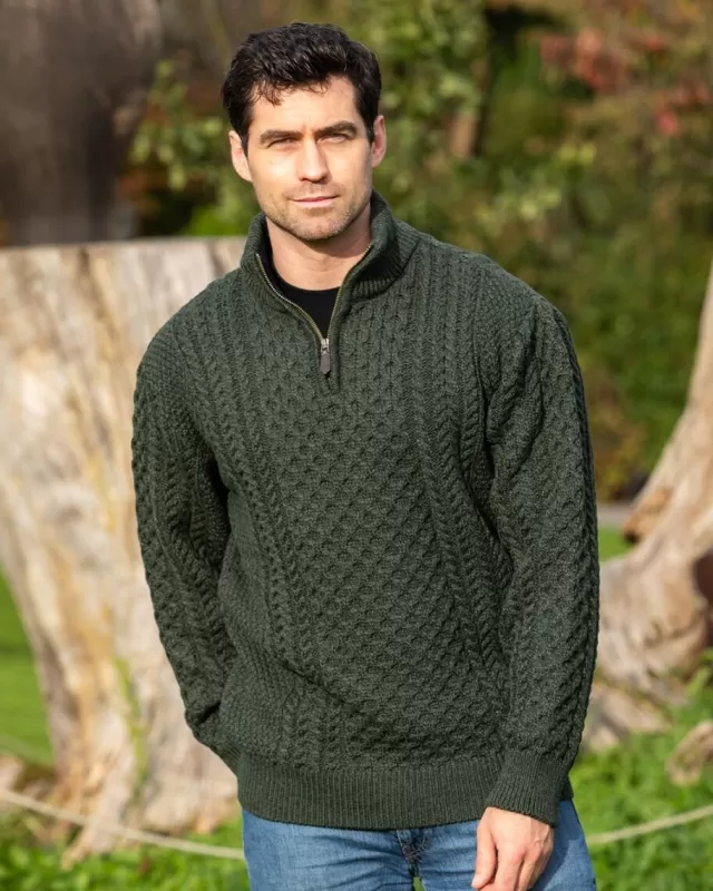 Sweater Shop Mens Aran Half Zip Neck Sweater Army Green