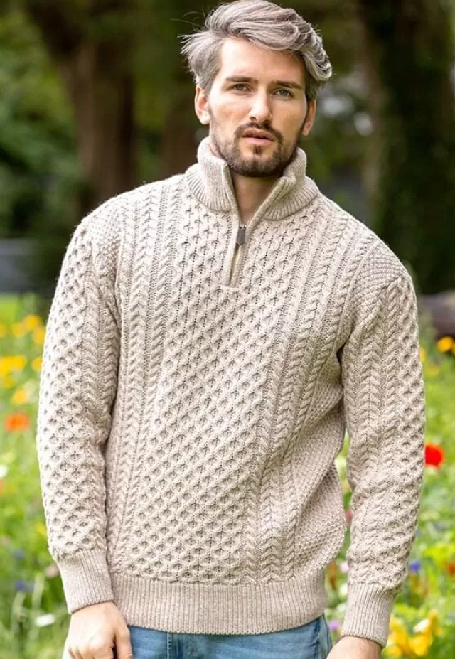 Sweater Shop Mens Aran Half Zip Neck Sweater Beige