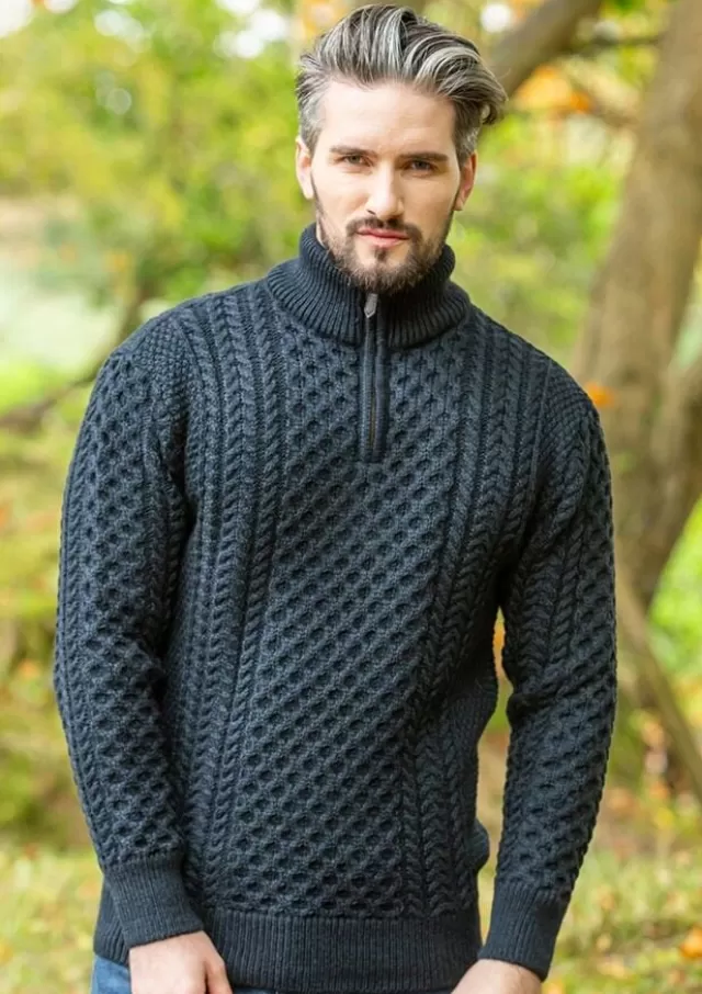 Sweater Shop Mens Aran Half Zip Neck Sweater Blackwatch