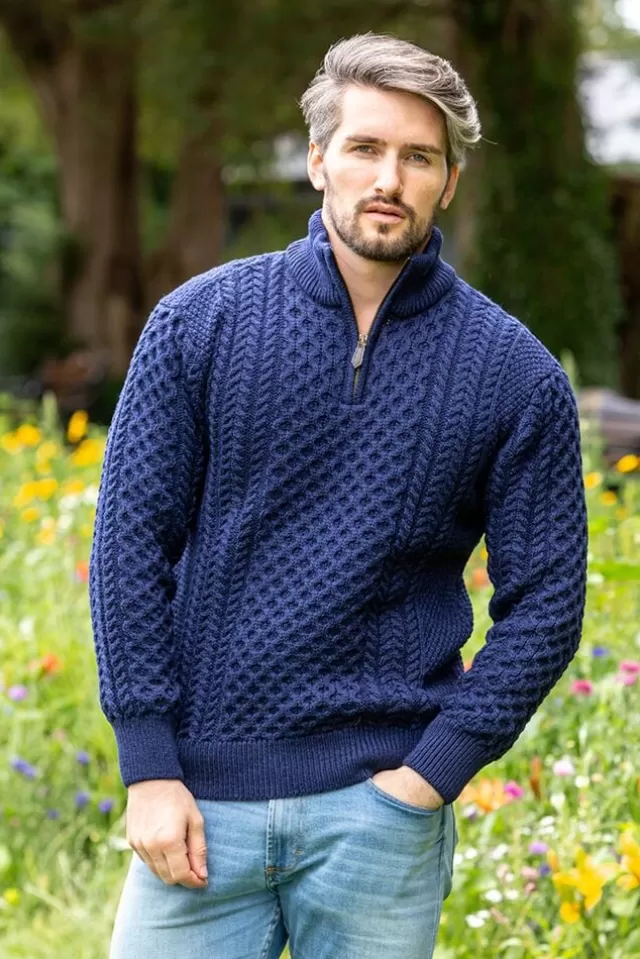 Sweater Shop Mens Aran Half Zip Neck Sweater Deep Water Blue