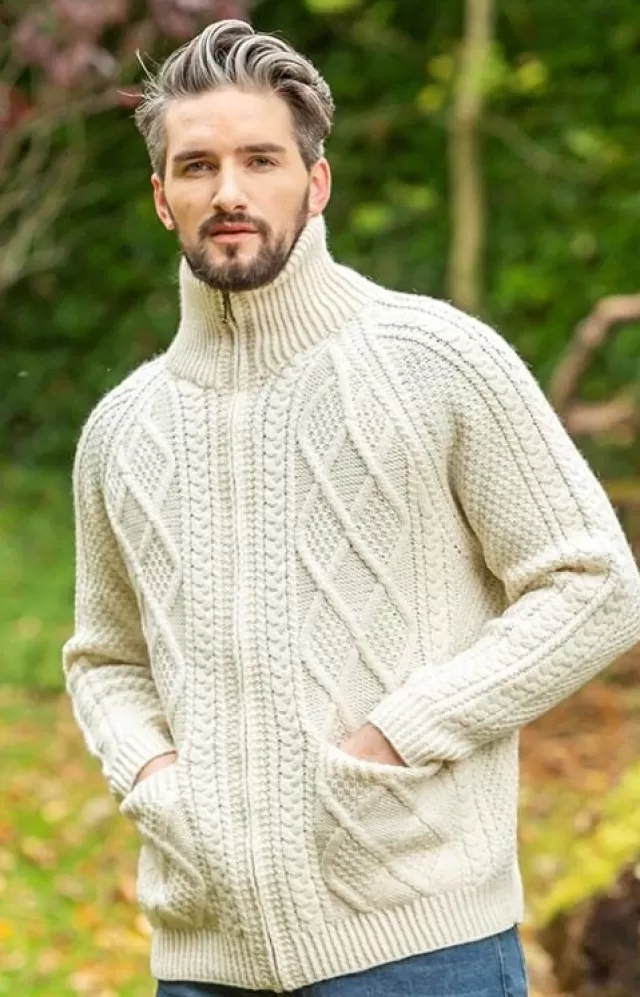 Sweater Shop Mens Aran Handknit Full Zip Merino Wool Cardigan