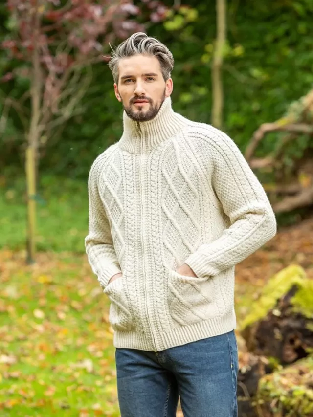 Sweater Shop Mens Aran Handknit Full Zip Merino Wool Cardigan