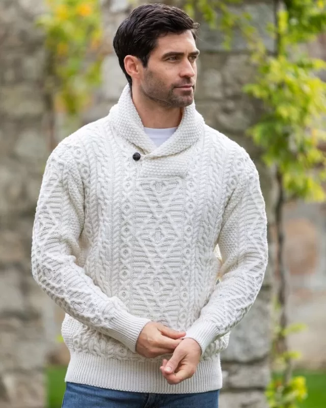 Sweater Shop Men's Aran Shawl Neck Merino Wool Sweater