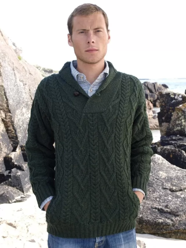 Sweater Shop Mens Aran Shawl Neck Sweater Green