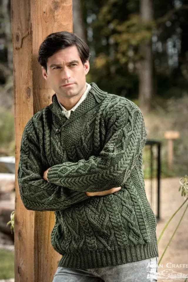 Sweater Shop Mens Aran Shawl Neck Sweater Green