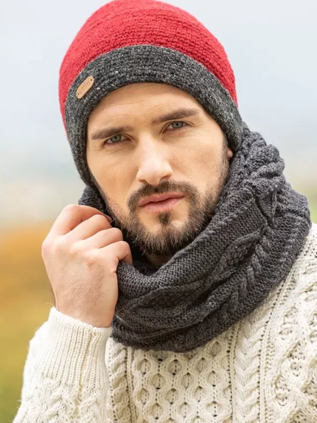 Sweater Shop Mens Crochet Hat Red and Charcoal Rim