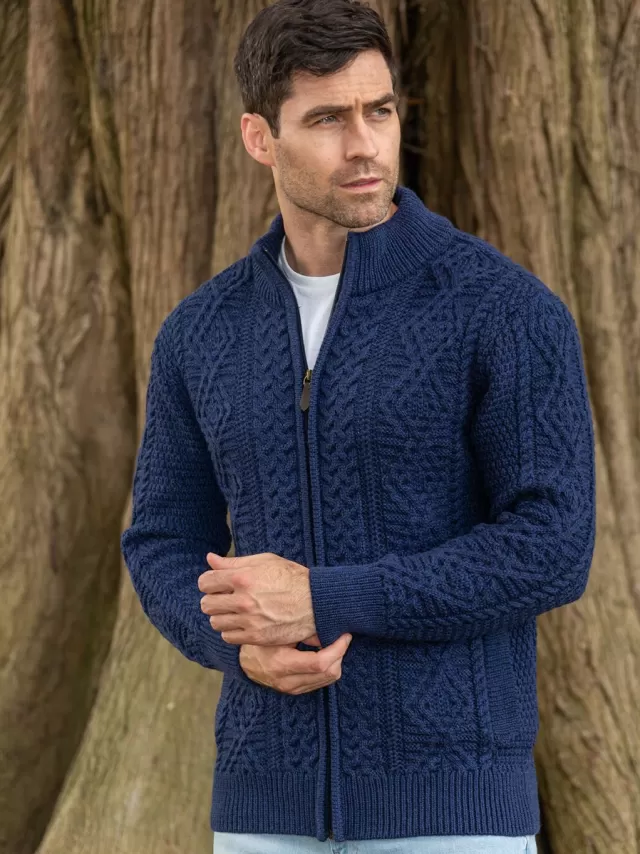 Sweater Shop Men's Fisherman Full Zip Cardigan Deep Water Blue