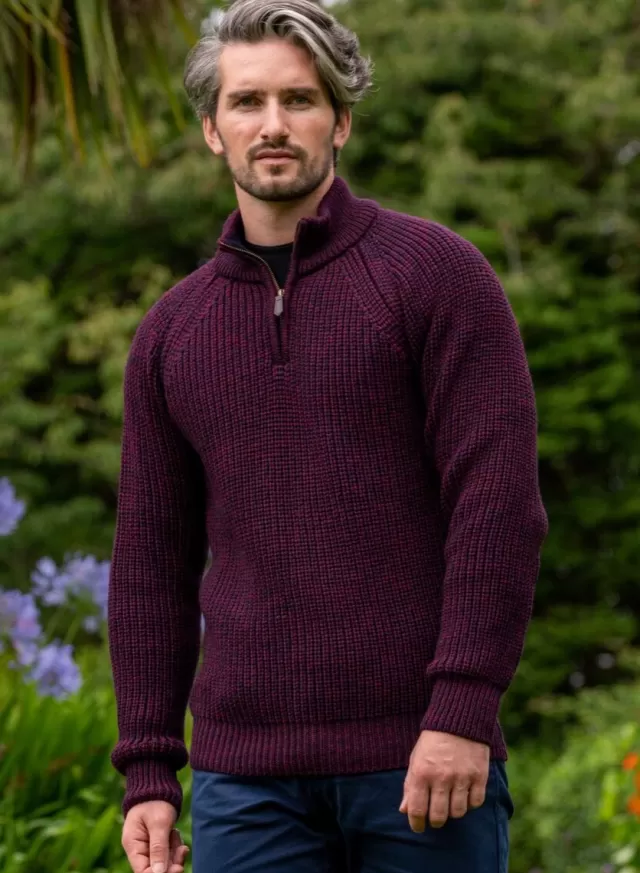 Sweater Shop Men's half zip ribbed sweater Berry