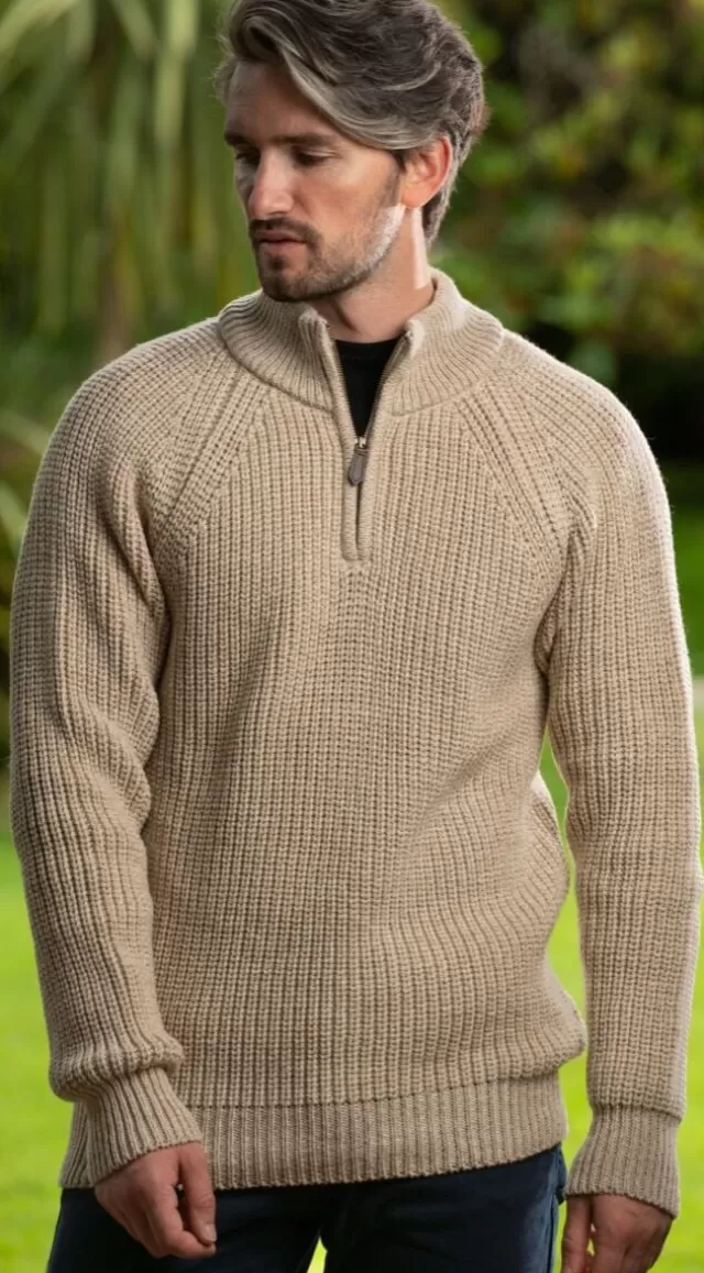 Sweater Shop Men's half zip ribbed sweater Camel