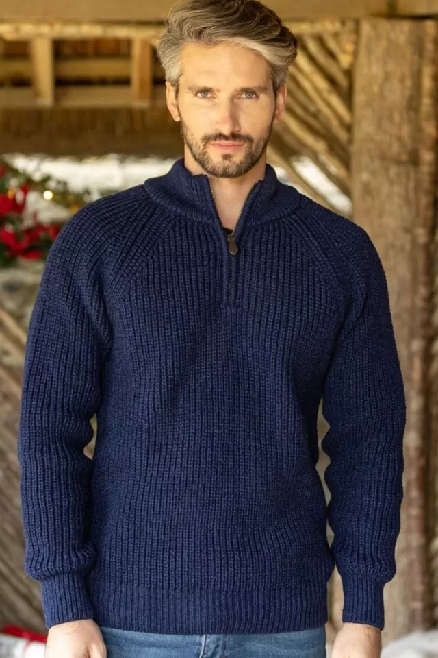 Sweater Shop Men's half zip ribbed sweater Deep Water Blue