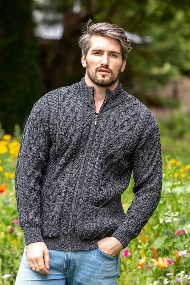 Sweater Shop Men's Merino Wool Full Zip Aran Cardigan