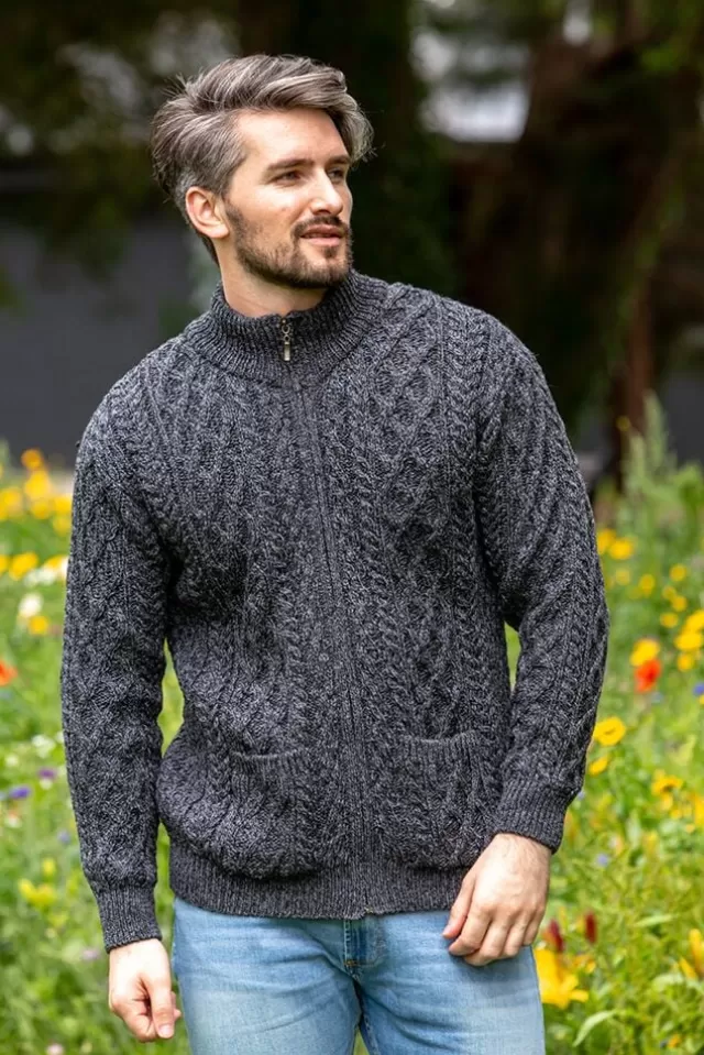 Sweater Shop Men's Merino Wool Full Zip Aran Cardigan