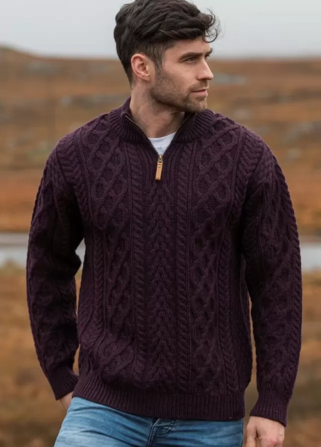 Sweater Shop Men's Merino Wool Half Zip Aran Sweater Damson