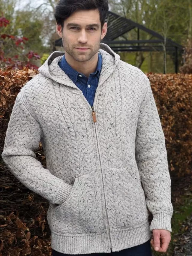 Sweater Shop Men's Oatmeal Cable Knit Full Zip Hooded Cardigan