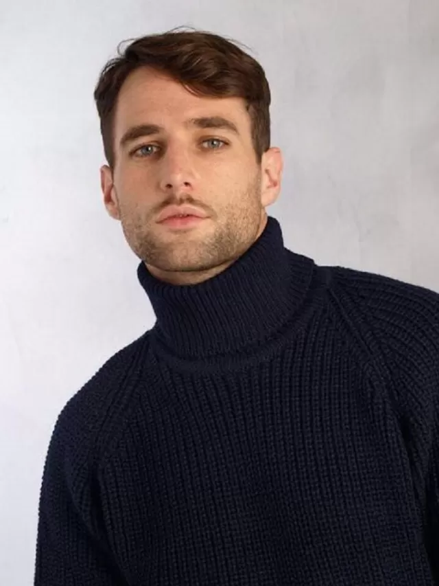 Sweater Shop Mens Rib Roll Neck Navy