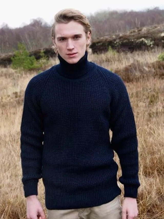 Sweater Shop Mens Rib Roll Neck Navy