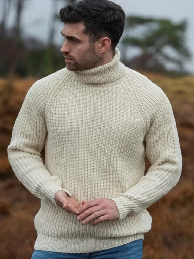 Sweater Shop Men's Rib Roll Neck Sweater Natural