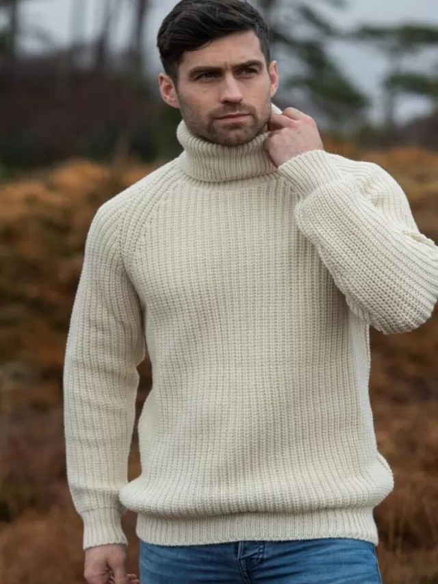 Sweater Shop Men's Rib Roll Neck Sweater Natural