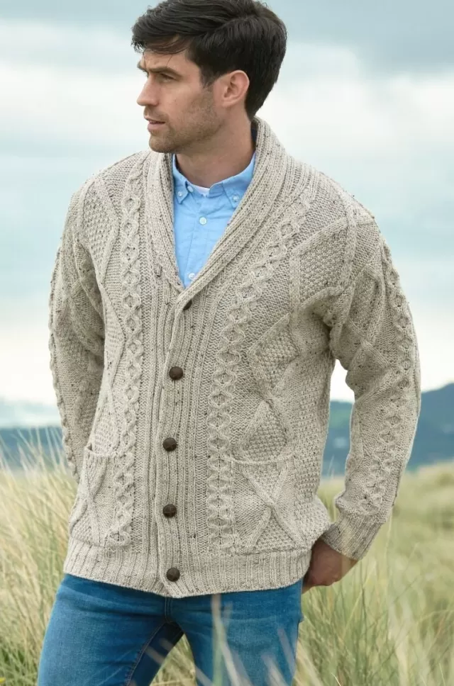 Sweater Shop Men's Shawl Collar Aran Cable Stitch Cardigan