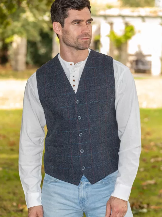 Sweater Shop Mens Tweed Waistcoat Blue Overcheck