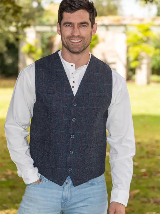 Sweater Shop Mens Tweed Waistcoat Blue Overcheck