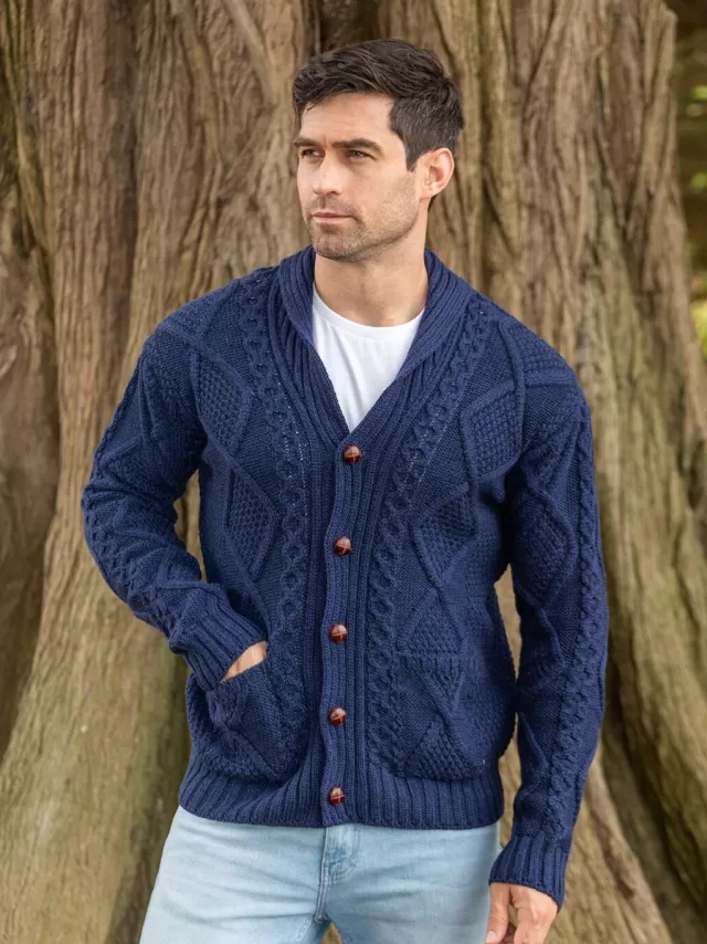 Sweater Shop Men's V Neck Aran Cardigan Deep Water Blue