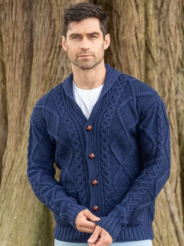 Sweater Shop Men's V Neck Aran Cardigan Deep Water Blue