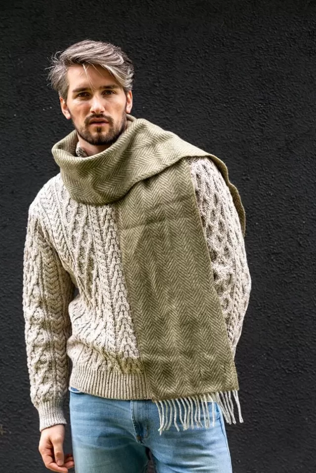 Sweater Shop Men's Wool and Cashmere Moss Green Herringbone Scarf