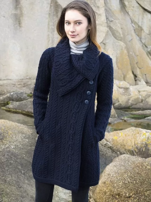 Women Sweater Shop Merino Wool Aran Coatigan Navy