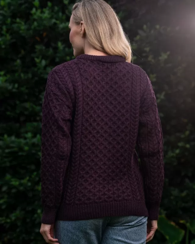 Women Sweater Shop Merino Wool Aran Sweater Damson - Unisex