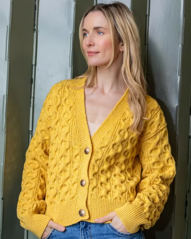 Women Sweater Shop 100% Merino Wool Cropped Aran Cardigan - Yellow