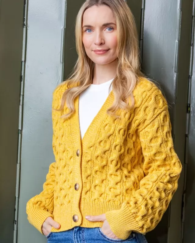 Women Sweater Shop 100% Merino Wool Cropped Aran Cardigan - Yellow