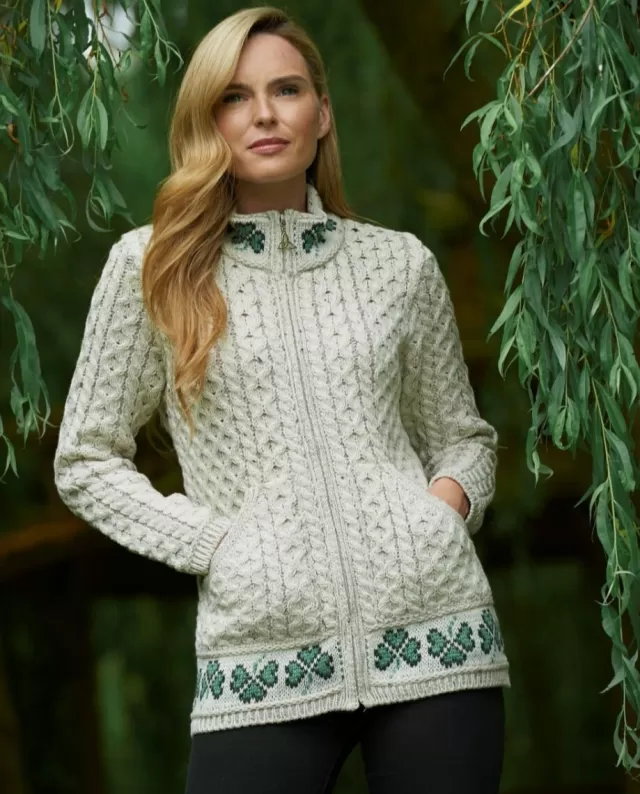 Women Sweater Shop 100% Merino Wool Shamrock Zip Cardigan