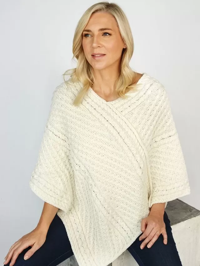 Women Sweater Shop Merino Wool V Neck Poncho - Natural Yarn