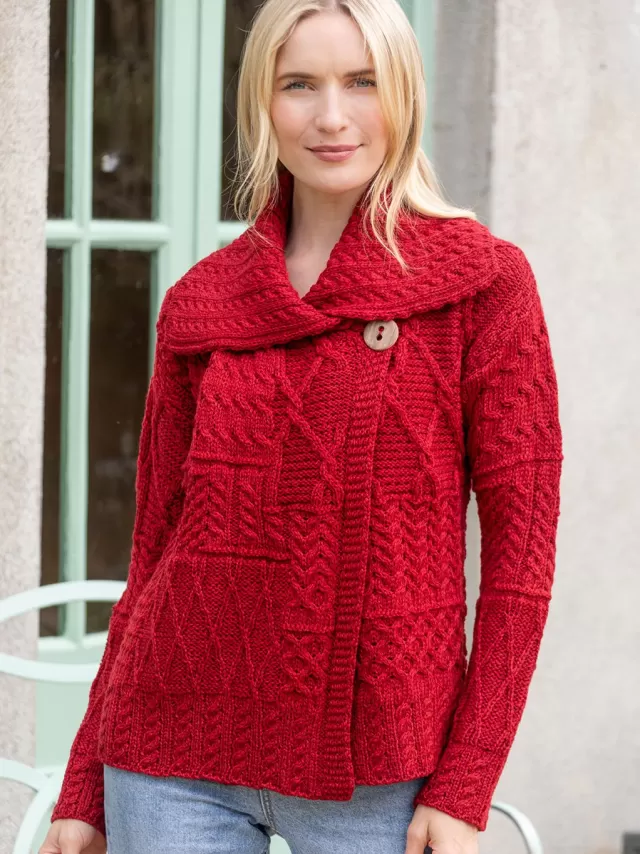 Women Sweater Shop One Button Aran Patchwork Cardigan Red