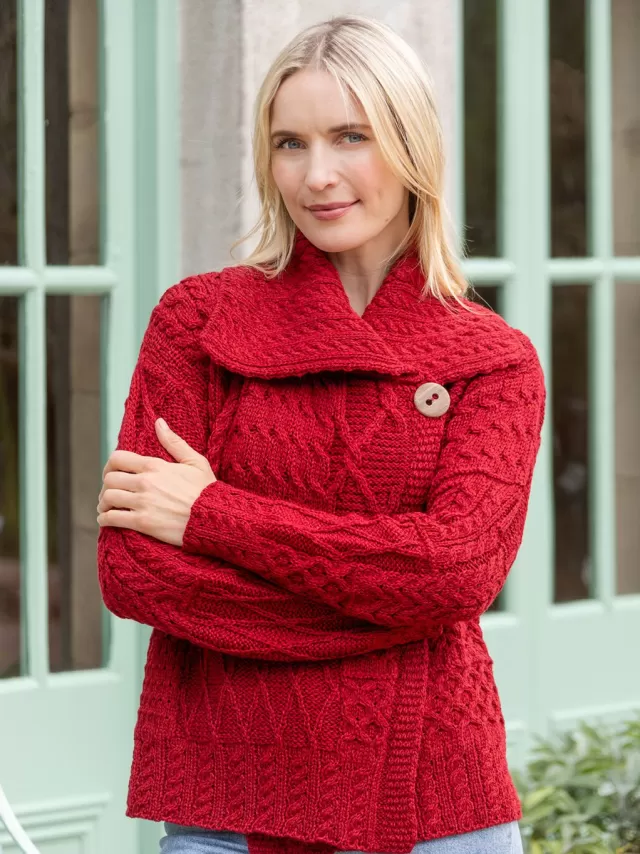 Women Sweater Shop One Button Aran Patchwork Cardigan Red