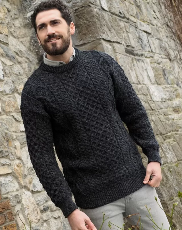 Sweater Shop Pure Wool Unisex Aran Sweater Charcoal