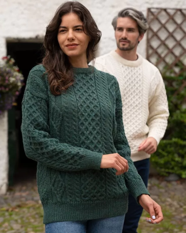 Women Sweater Shop Pure Wool Unisex Aran Sweater Moss Green