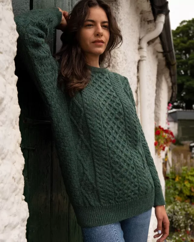 Women Sweater Shop Pure Wool Unisex Aran Sweater Moss Green