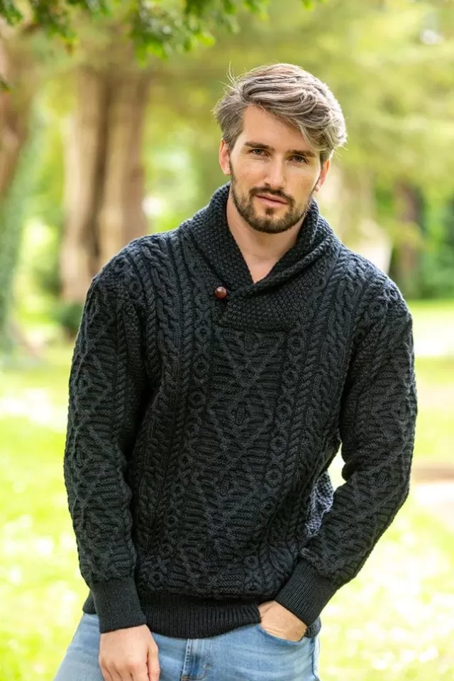 Sweater Shop Shawl Neck Aran Sweater Blackwatch