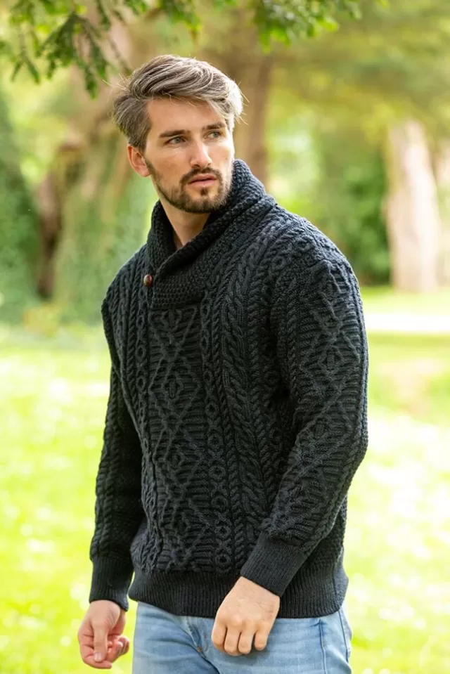 Sweater Shop Shawl Neck Aran Sweater Blackwatch