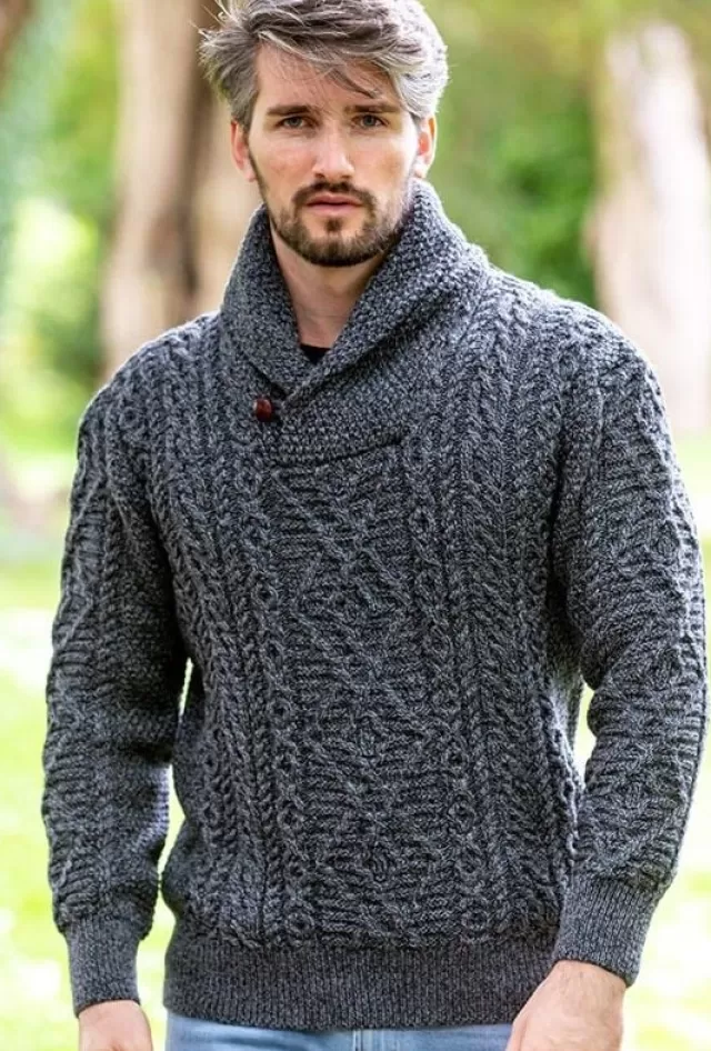 Sweater Shop Shawl Neck Aran Sweater Slate