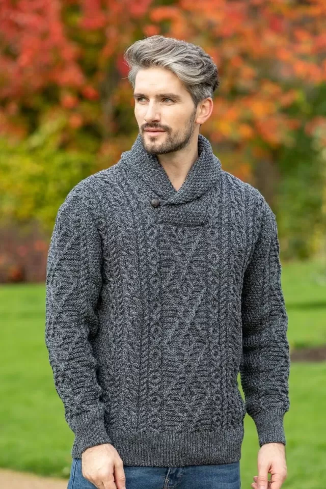 Sweater Shop Shawl Neck Aran Sweater Slate