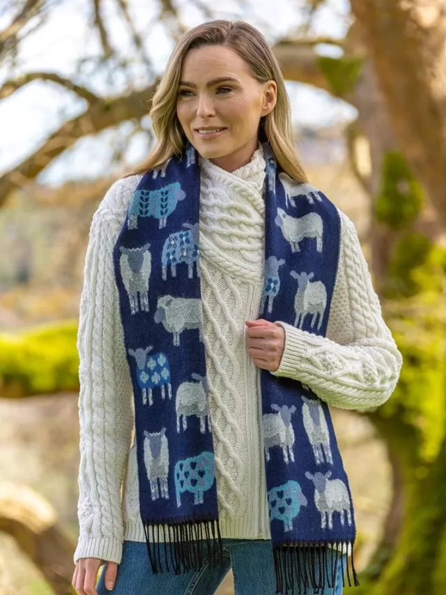 Women Sweater Shop Sheep Motif Scarf Navy