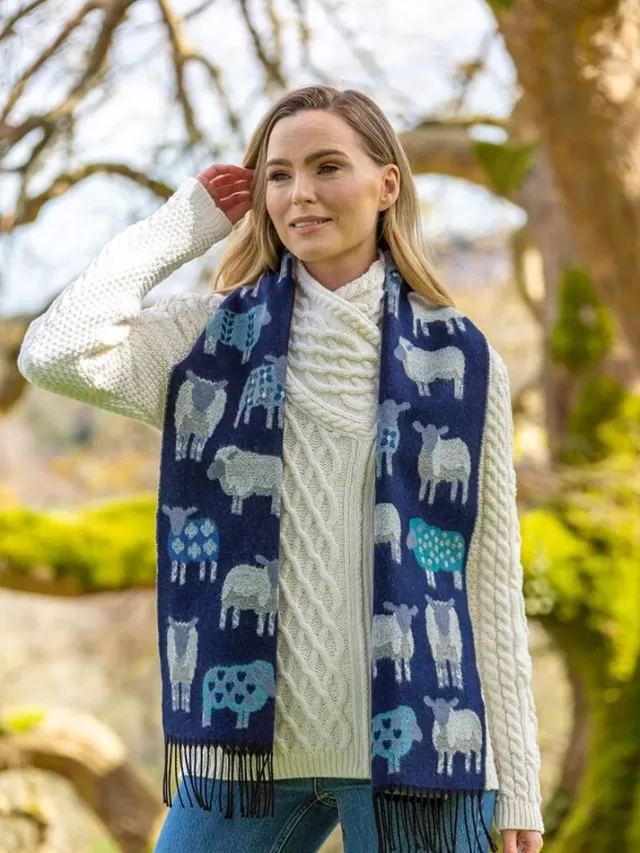 Women Sweater Shop Sheep Motif Scarf Navy