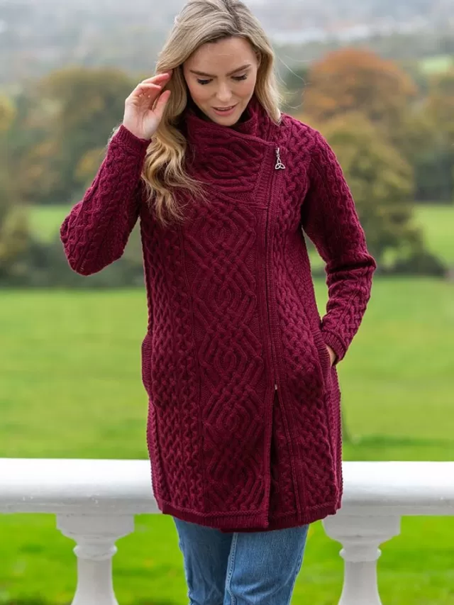 Women Sweater Shop Side Zip Aran Coat Burgundy