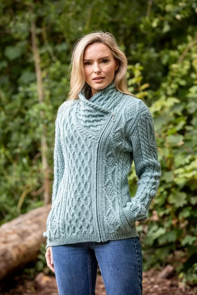 Women Sweater Shop Side Zip Cable knit Sweater with Claddagh Zip