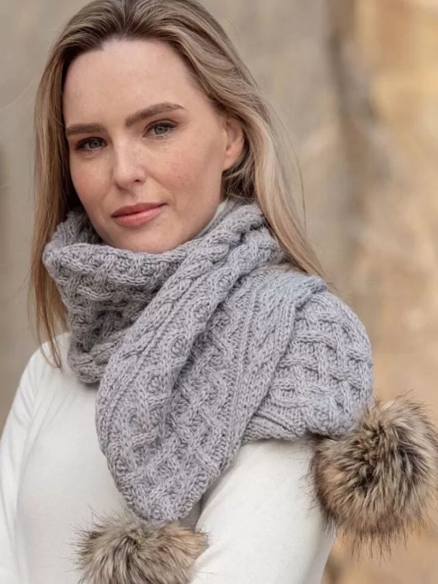 Women Sweater Shop Silver Pom Pom Aran Scarf