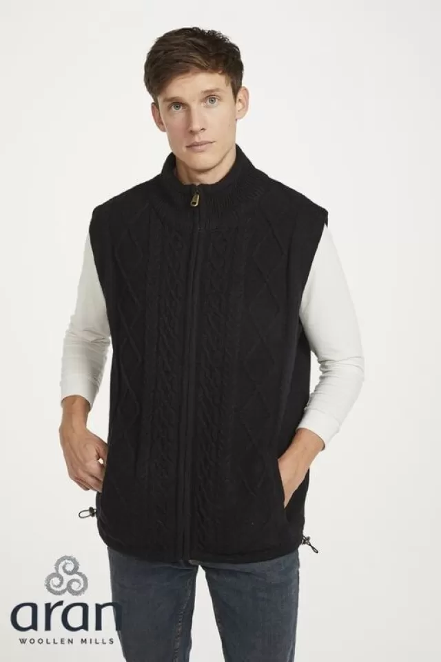 Sweater Shop Sleeveless Lined Shetland Wool Aran Cardigan black