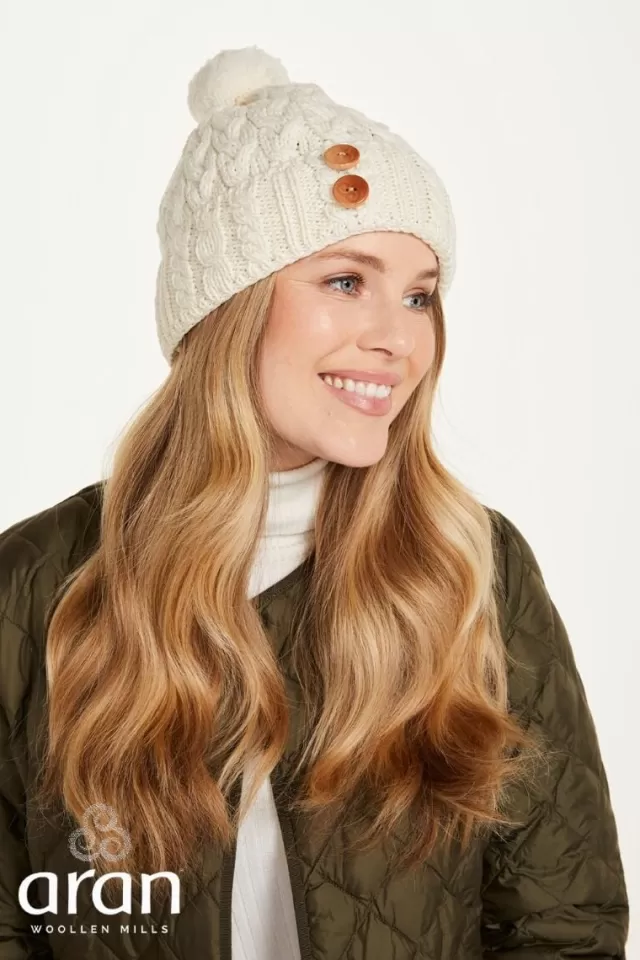 Women Sweater Shop Super Soft Aran Hat with Triskelion Buttons - natural